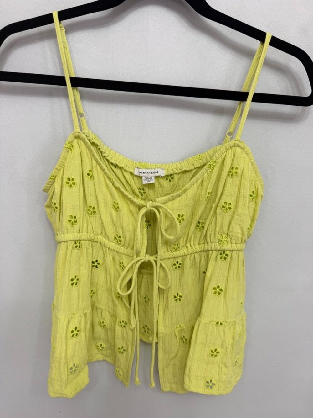 American Eagle Chartreuse Eyelet Tie Front Peplum Top Size M
